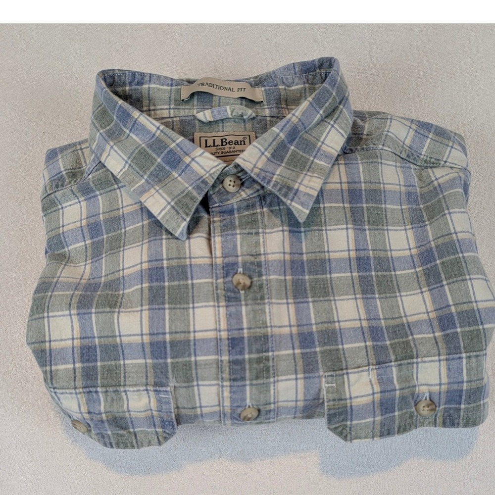 LL Bean Mens XL Brushed Scotch Traditional Plaid Button Down Shirt Blue Green - Picture 5 of 12